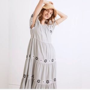 Madewell Embroidered Flutter-Sleeve Tiered Midi Dress Blue Gray Sz XS Floral